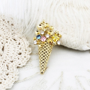 Golden ice cream feather brooch with colorful rhinestones for elegant suit and coat decor