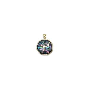 Golden religious pendant featuring colorful abalone shell mosaic and a central 3D cross
