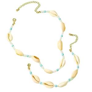 Bohemian shell necklace and bracelet set with light blue beads for beach summer style