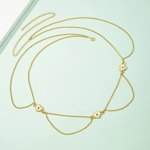 Golden waist chain with heart-shaped evil eye charms and adjustable lobster clasp