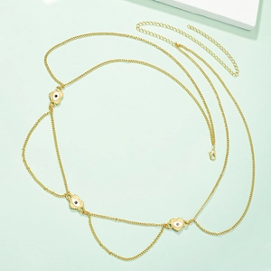 Detailed view of golden evil eye body chain with heart shaped enamel pendants and lobster clasp
