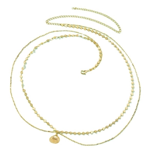 Golden multi-layer waist chain featuring delicate shell pendants and heart elements