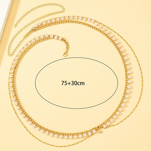 Multi-layer gold metal and pearl body chain with 75cm length and adjustable 30cm extension