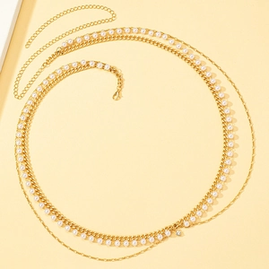 Elegant multi-layer gold waist chain for women with pearls and rhinestone accents