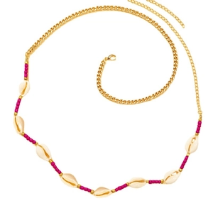 Bohemian gold chain waist link with magenta beads and white shells on white background