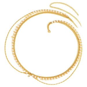 Elegant gold-tone layered belly chain with white pearls and adjustable lobster clasp