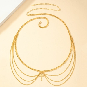 Golden multi-layer punk body chain with cross pendant and adjustable lobster clasp