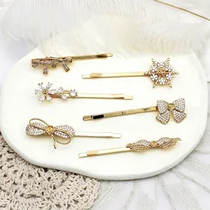 Barrette Cheveux Élégante en Cuivre Doré avec Nœud Flocon de Neige Fleur Aile Strass Perle Artificielle Incrustée