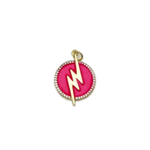 Ciondolo tondo placcato oro 18K con fulmine in smalto rosa e pavé di zirconi bianchi