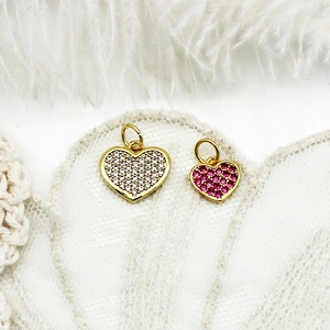Detail of 18K gold heart charms with white and rose zircon pavé for DIY jewelry