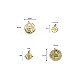 Set of four 18K gold plated vintage pendants with bee and sun moon motifs for DIY jewelry