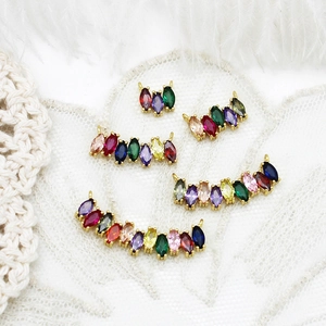 18K gold plated copper curved pendants with colorful marquise zircons for DIY jewelry