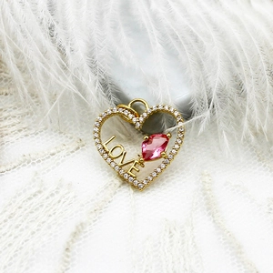 18K gold plated heart pendant with LOVE lettering and pink marquise stone