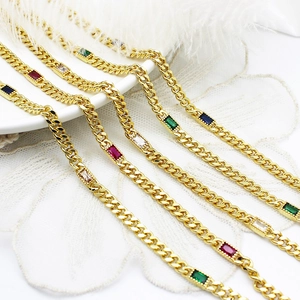 Chic 18K gold Cuban link chain necklace with multicolor rectangular zircon gemstones