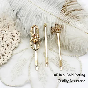 Elegant 18K real gold plated copper hair pin accessories with sparkling zircons set on lace
