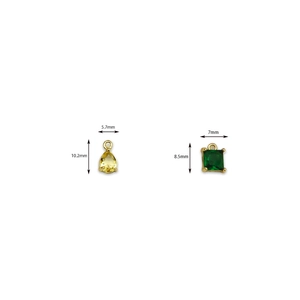 Geometric 18K gold-plated charms with yellow pear and green square zircon stones