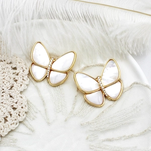 Elegant 18K gold plated butterfly stud earrings with white shell and zircon accents