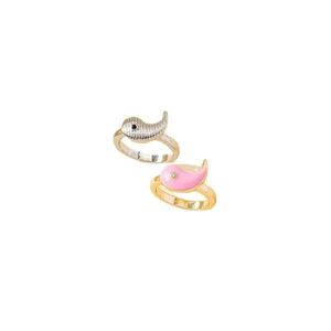 Minimalist dolphin style rings in gold and silver finish with pink enamel and small gemstone