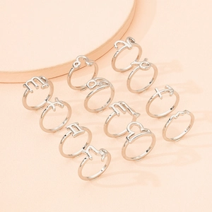 Set of 12 silver adjustable titanium rings featuring engraved zodiac signs symbols