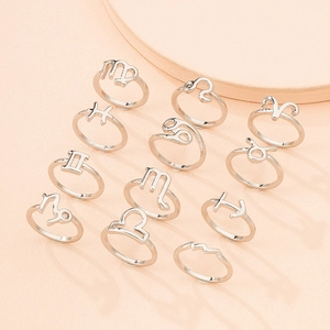 Close-up of 12-piece silver zodiac sign rings on display stand with soft lighting