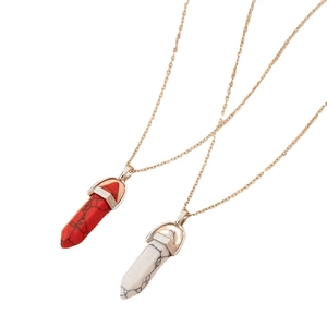 Bullet hexagonal crystal stone pendant necklaces in red and white with gold chains