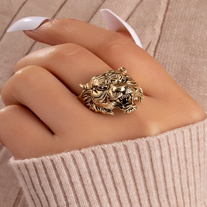 Vintage Tiger Head Alloy Ring For Men Cool Punk Street Style Antique Gold Plated Animal Head Ring Jewelry Gift