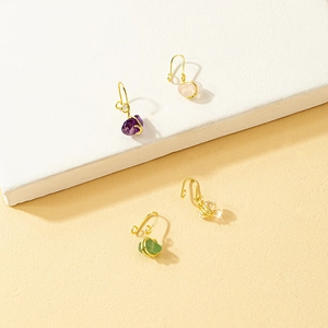 Handmade gold wire wrapped gemstone ear hooks in purple pink clear and green stone