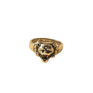 Vintage bronze animal lion head ring with antique finish and minimalist hip-hop style design