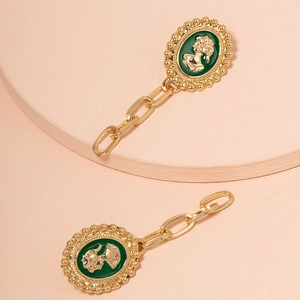 Retro gold earrings with green enamel cameo portrait and minimalist chain drops