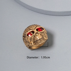 Punk vintage gold skull ring for men with red crystal eyes and black carved textures