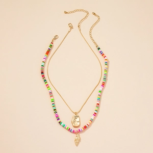 Boheems Gelaagde Halsketting Set Voor Dames Meerkleurige Polymeerklei Kralen Gehamerde Hanger Goud Legering Schelp Blad Sieraden Cadeau