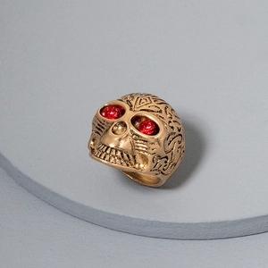Punk Gothic Mens Skull Ring Vintage Alloy Rhinestone Carved Biker Ring For Halloween Party Cool Skeleton Finger Jewelry
