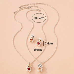 Alloy Space Astronaut Necklace Earring Jewelry Set Cartoon Heart Rose Pendant Astronaut Jewelry For Women Teens Gift