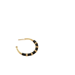 Minimalist gold C-shaped hoop earrings featuring black disc beads and gold spacers