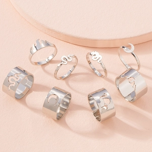 8-piece silver ring set with crescent moon flame and snake designs for trendy fashion