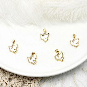 Five 18K gold-plated dove charms with white shell inlay and zircon for DIY jewelry making