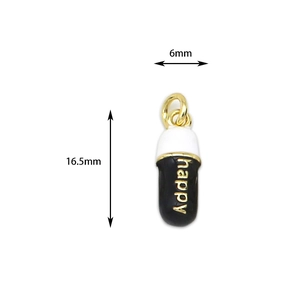 Capsule shape happy letter pendant in black and white enamel with 16.5mm size guide
