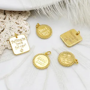 18K Real Gold Plated Brass DIY Jewelry Pendants Good Luck Lettering Square Round Shape Charm For Necklace Bracelet Making Women