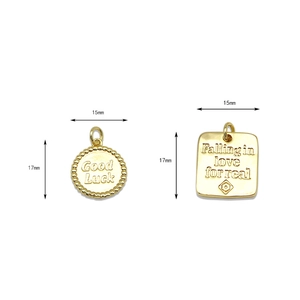 18K gold plated DIY lucky charms in round and square shapes with size dimensions