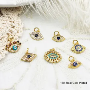 18K Gold Plated Copper Evil Eye Pendants For Jewelry Making Micro Inlaid Zirconia Blue Eye Charms DIY Necklace Bracelet Earrings