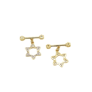 Gouden tepelpiercing met sterhangers, zirkonia steentjes en bloemvormige uiteinden