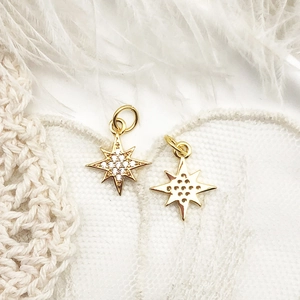 Macro detail of 18K gold star pendants with micro-pave crystals on white feather
