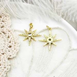 Macro detail of two gold micro-pave star pendants with white cubic zirconia stones