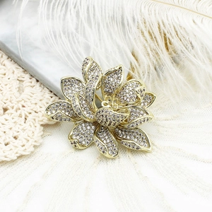 Elegant gold lotus brooch with pavé micro-set crystals and pearls for coat accessories