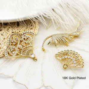 Colgantes de Cobre Chapados en Oro de 18K de Abanico y Pluma con Zirconia Micro Incrustada para Broche DIY Joyería Mujer