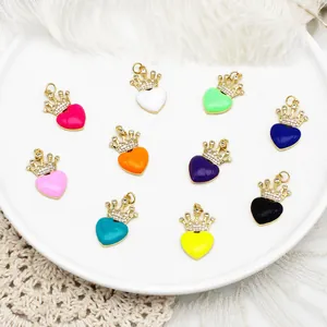 Herz Krone Anhänger Schmuckherstellung Zubehör 18K Vergoldet Messing Emaille Zirkonia Charm Für DIY Halskette Ohrring Schmuck