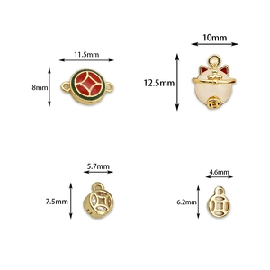 DIY gold lucky cat and Chinese coin charms with enamel and cubic zirconia for jewelry