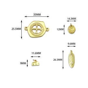 Golden DIY jewelry charms set including Virgin Mary medal and Saint Benedict cross connector