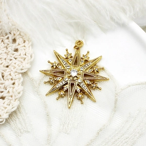 Detail showing a gold-plated hexagram star pendant with white zircon inlays on white feathers