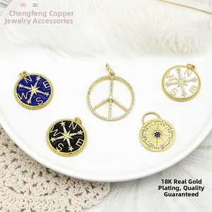 18K Verguld Messing Kompas Vredesteken Hanger Micro Strass Zon Maan Ronde Munt Sieraden Maken DIY Accessoire